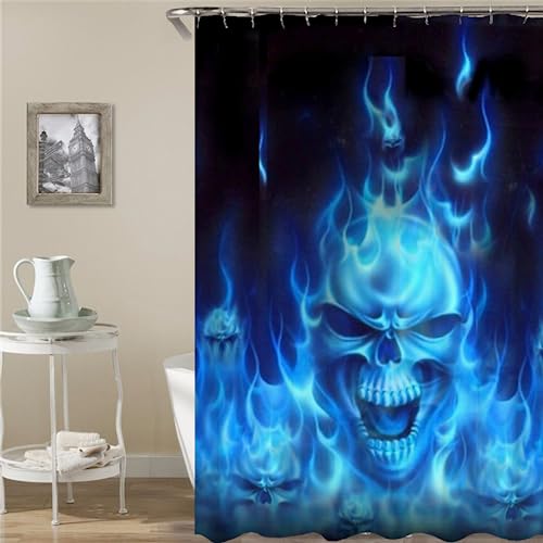 PLEETS Duschvorhang 180x220 cm Blauer Totenkopf Shower Curtain Polyestergewebe, Wasserdicht, Badezimmervorhänge, Duschvorhänge, Schimmelresistent, Bad Vorhang von PLEETS