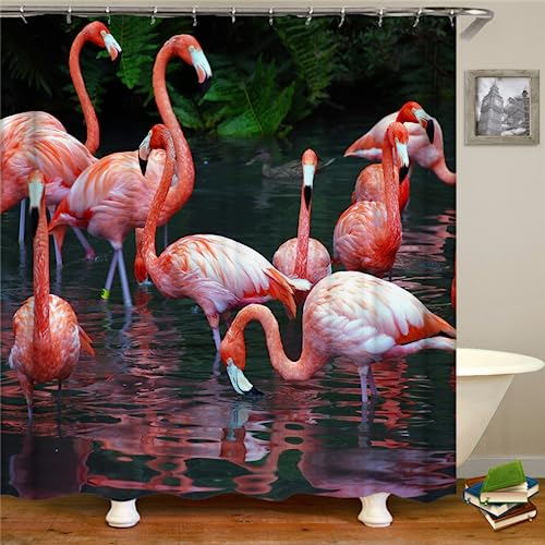 PLEETS Duschvorhang 180x220 cm Roter Flamingo Shower Curtain Polyestergewebe, Wasserdicht, Badezimmervorhänge, Duschvorhänge, Schimmelresistent, Bad Vorhang von PLEETS