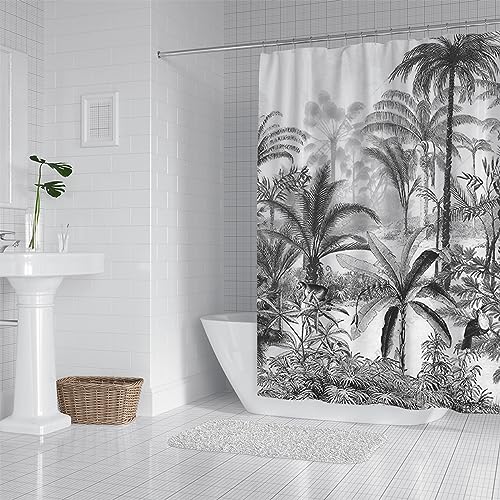 PLEETS Duschvorhang 180x220 cm schwarz-weiße Tropische Pflanzen Shower Curtain Polyestergewebe, Wasserdicht, Badezimmervorhänge, Duschvorhänge, Schimmelresistent, Bad Vorhang von PLEETS