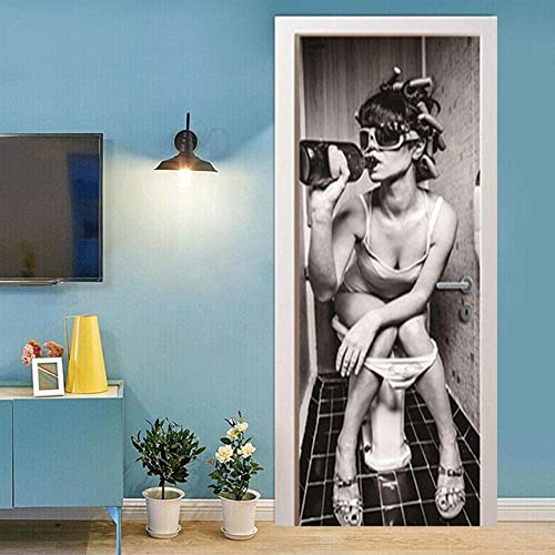 Türaufkleber 3D Frau Trinkt Toilette 88 X 200 Cm Fototapete Türfolie Poster Tapete Einteilig Türaufkleber 3D Decoration Aufkleber Pvc Selbstklebend - Kinderzimmer Wohnzimmer Küche Schlafzimmer Tür Fo von PLEETS