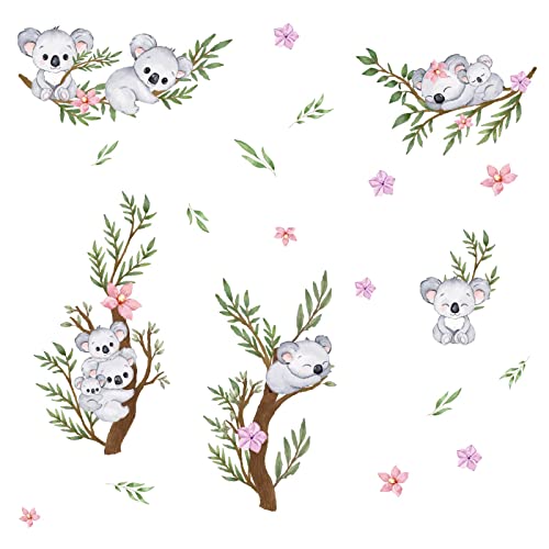 PLIGREAT Aquarell Koala Wandtattoo Kinderzimmer Rosa Blumen Koala Schlafend Auf Dem Ast Wandaufkleber DIY Babyzimmer Wanddeko Mädchen Wandsticker Geburtstagsgeschenk, 90 x 39 cm 2 Blätter von PLIGREAT