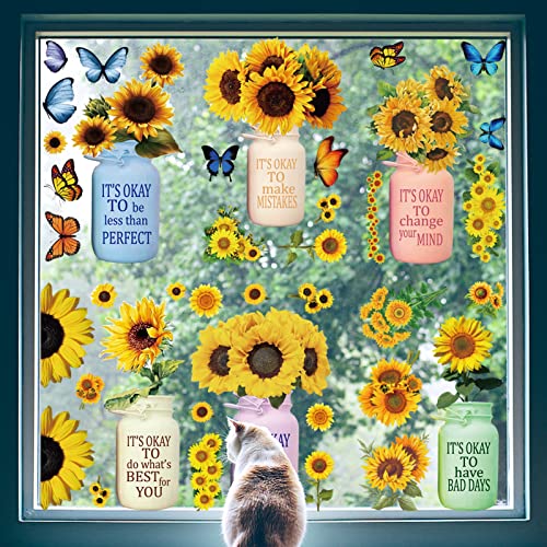 PLIGREAT 6 Blatt Sonnenblumen Fensterbilder, Frühling Sommer Fensteraufkleber Selbstklebend Schmetterlingsfensteraufkleber für Wohnzimmer Kinderzimmer Fensterdekoration von PLIGREAT