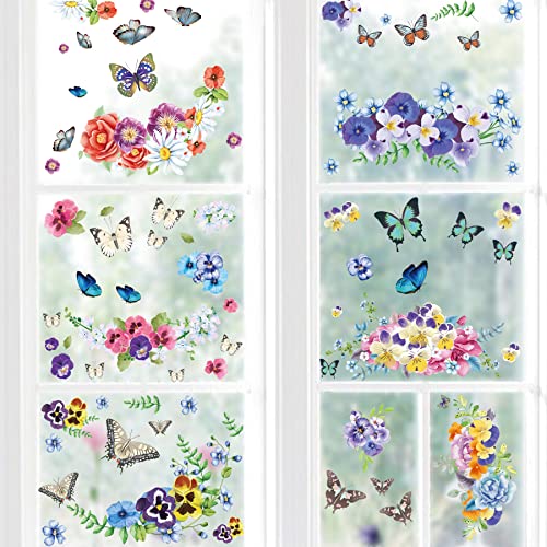 PLIGREAT 8 Blatt Stiefmütterchen Blume Fensterbilder, Frühling Sommer Fensteraufkleber, Bunte Schmetterling Fensterbilder für Dusche Glas Haus Fensterdekoration DIY Selbstklebend Fensteraufkleber von PLIGREAT