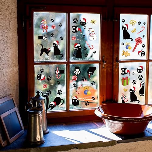 PLIGREAT 9 Blatt Weihnachten Katze Statische Fensterabziehbilder Niedliche Pfotenabdrücke Fensteraufkleber Bunte Fensterdekor für Festival Party Zuhause Fensterdekoration Laden Schiebetür aus Glas von PLIGREAT