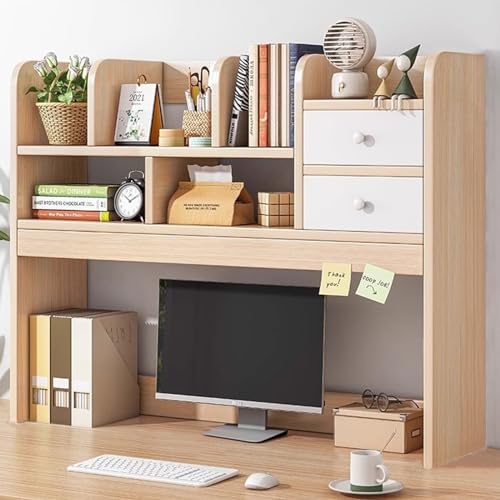 PNAJFUEL Desktop-Bücherregal, 3-Stufiges Holz-Desktop-Bücherregal Für Computertisch, Mehrzweck-Bücherregal-Aufbewahrungsorganisator Mit 2 Schubladen, Holz-Arbeitsplatten-Bücherregal/Cherry Wood/36.2 von PNAJFUEL