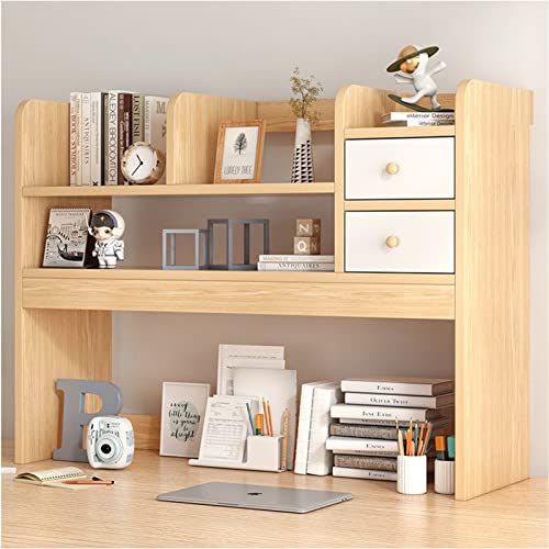 PNAJFUEL Desktop-Bücherregal, Kleiner Büro-Schreibtisch-Regalständer – Computertisch-Desktop-Bücherregal Aus Holz, Schreibtischregal Mit Schubladen/Teak+White/93X16X78Cm von PNAJFUEL