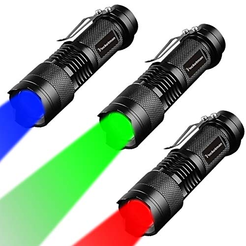 POCKETMAN 3 MODE TORCH 3 FARBEN ROT GRÜN Violett Taschenlampe Verstellbarer Fokus Für Camping, Nachtsicht, Nachtangeln, Astronomie und Notfälle (3 PCS) von POCKETMAN