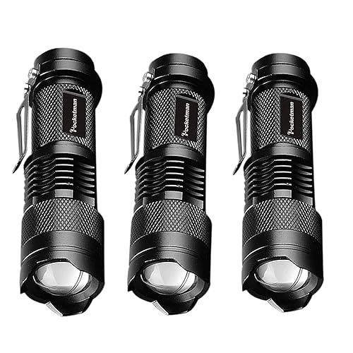 POCKETMAN Taschenlampe Mini Q5 LED Taschenlampe 7W 300 Lumen Verstellbarer Fokus Zoom Männergeschenk (3er Pack) (schwarz) von POCKETMAN