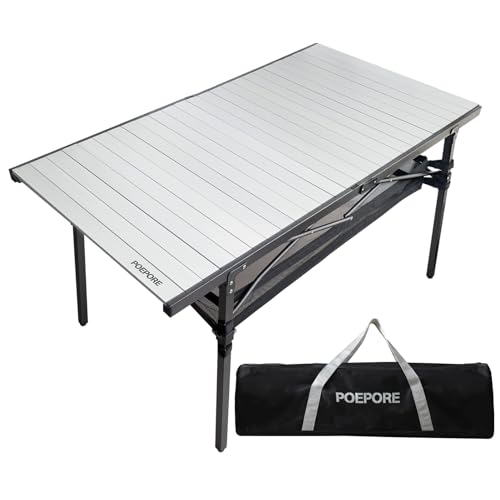 POEPORE Campingtisch Faltbar Aluminium Groß Klapptisch für 4-6 Personen Outdoor Faltbar Gartentisch mit Netzablage Aufbewahrungstasche 137 x 70 x 70cm bis 80kg Silber von POEPORE