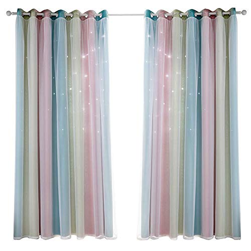 POHOVE Star Vorhänge, Regenbogen Streifen Fenster Vorhänge, Pink Vorhänge für Schlafzimmer Mädchen, Doppelschicht Schlafzimmer Gardinen für Kinderzimmer - Pink, 134x240cm von POHOVE