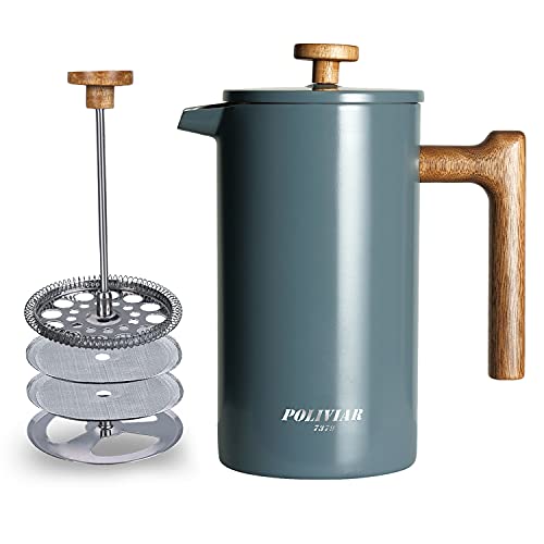 Poliviar French Press Kaffeebereiter 1 Liter/8 Tassen, Doppelwandige Isolierte Kaffeekanne und Teebereiter, Handfilter Kaffeepresse mit Plunger & Griff aus Holz, Alpine (Blau) JX2020-FPU-DE von POLIVIAR 7379