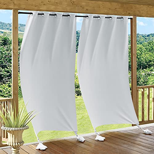 PONY DANCE Outdoor Vorhang mit Ösen - Outdoorvorhänge Wasserdicht für Pavillon & Balkon Wetterfeste Sonnenschtz Gardinen mit Beschwerten Säcken, 2 Stücke H 213 x B 132 cm, Grau-weiß von PONY DANCE