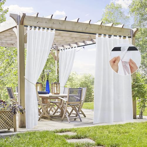 PONY DANCE Outdoorvorhänge mit Klettverschluss Terrasse Vorhänge Transparent Leinenoptik Gardinen Weiss Balkon Vorhang Outdoor Gardinen für Gartenlaube & Pavillon, 2 Stücke H 213 x B 137 cm von PONY DANCE