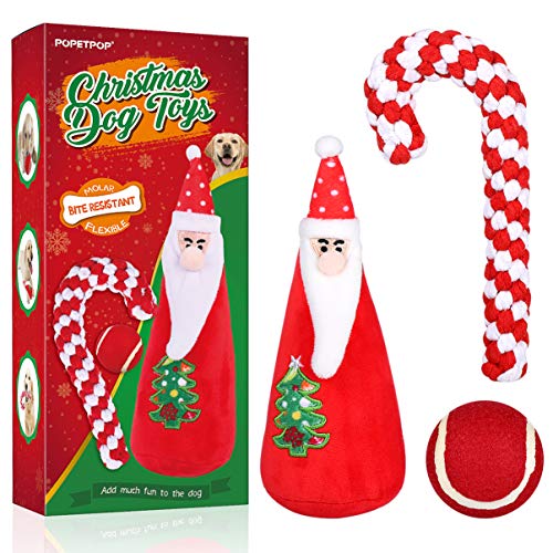 POPETPOP Weihnachten Hundespielzeug 3Er Pack - Hundezähne Reinigungsseil Spielzeug Haltbare Hundekauball Und Santa Quietschende Plüsch Hundespielzeug für Kleine Hunde Und Welpen - von POPETPOP