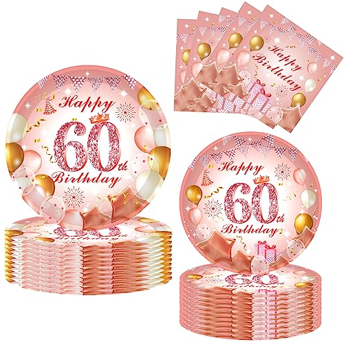 52 Stück Partygeschirr 60. Geburtstag Dekoration Roségold,Pappteller Servietten 60.Geburtstag,Deko 60 Geburtstag Roségold Mit Teller Servietten für Sie Mädchen Frauen 60 Geburtstag Party Dekorationen von POPOYU