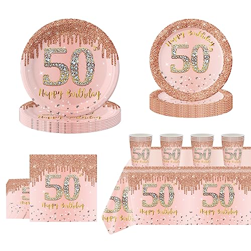 69 Stück Partygeschirr 50. Geburtstag,Servietten 50 Geburtstag,Roségold 50. Geburtstag Frauen Tischdeko Set mit Pappbecher Pappteller Servietten Tischdecke für Frauen Geburtstagsfeier Dekor (16 Gäste) von POPOYU