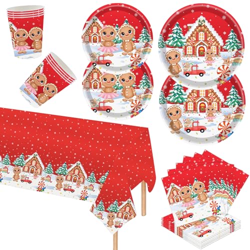 Weihnachtstischdecke Party 69PCS Papiergeschirr Set Party Weihnachts Party Geschirr Set für 16 Gäste,Weihnachten Geschirr Set,Weihnachten Dekoration,Tischdecke,Pappteller,Servietten,Pappbecher von POPOYU