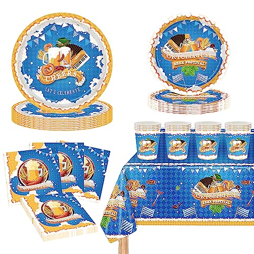 Oktoberfest Themenparty Dekoration Supplies 69 Stück Oktoberfest Party Geschirr Set,Papierteller 7 Zoll/9 Zoll Tassen Servietten Blau Oktoberfest Tischdecke für deutsche bayerische Bier Festival Party von POPOYU