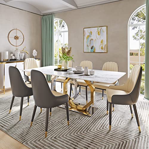 POVISON Esstisch modern weiß aus Kunstmarmor, rechteckige Tischplatte, goldene Sechseck-Beine, 140cm für 4 Personen,einfache Installation(ohne Stühle) von POVISON
