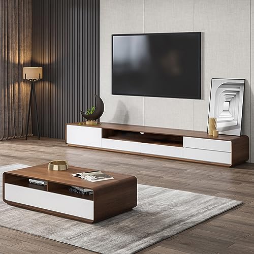 POVISON TV Lowboard für Wohnzimmer 180cm weiß, TV Schrank modern Fernsehtisch aus Holz, niedrige Multimediakonsole mit Schubladen, offener Stauraum, Walnussfurnier, komplett montiert von POVISON