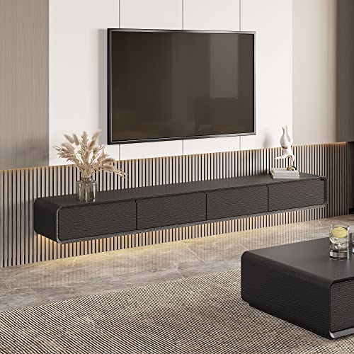 POVISON TV Schrank Modern Schwebender Hänge-TV-Möbel 240 cm, modernes Wand-Unterhaltungscenter mit 3 Schubladen, Massivholz, Schwarze Eiche, vollständig montiert. von POVISON