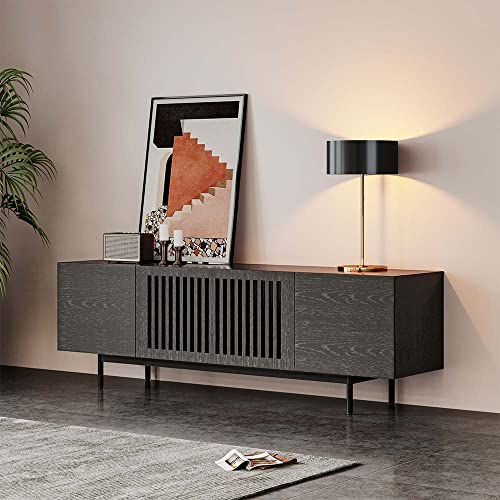 POVISON TV Schrank Modernes TV-Möbel 160cm aus der Mitte des Jahrhunderts, Minimalistische Holz-Lamellen-TV-Konsole mit 4 Schränken und schwarzen Gussmetallfüßen, Schwarze Eiche. von POVISON