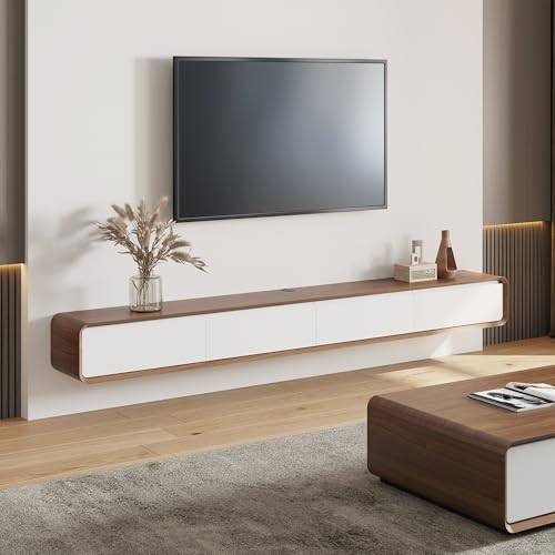 POVISON TV Schrank hängend weiß, tv lowboard hängend für Wohnzimmer,TV Lowboard 240cm modern schwebendes an der Wand mit 4 Schubladen, Massivholz, weiß Eiche, komplett montiert von POVISON