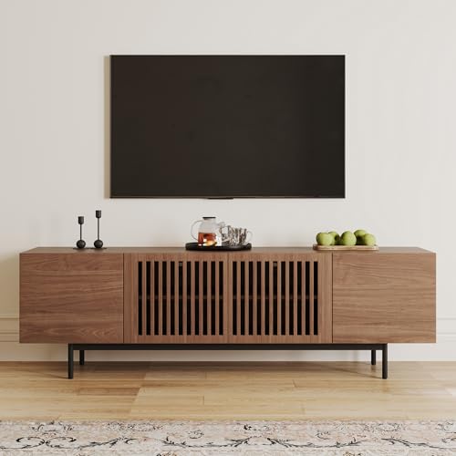 POVISON TV Schrank modern TV Lowboard aus Holz 180cm, minimalistische Medienkonsole mit Lamellenschrank und gegossenen Metallbeinen, Walnussfurnier, komplett montiert. von POVISON