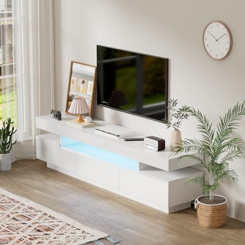 POYHKFD TV Schrank mit LED Beleuchtung, TV Lowboard mit DREI Geräumigen Fächern und Einer Praktischen Schublade und Zwei Klappen, Fernsehschrank mit Griffloses Design, 160x35x42 cm (Weiß) von POYHKFD