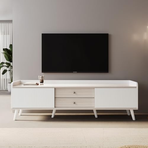 POYHKFD TV-Schrank mit Zwei Schubladen, Fernsehtisch TV Board mit Zwei gestreifte Schiebetüren, TV Lowboard mit Beine aus Massivholz, Weiß und natürliches Holzfarbe160 x 40 x 58 cm (Weiß) von POYHKFD