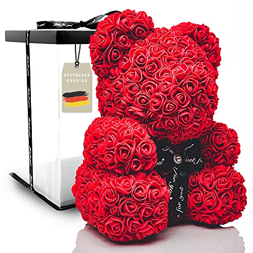 POZY® Rosenbär mit Geschenkbox - perfektes Liebesgeschenk für Frauen & Männer - exklusiver Teddybär aus roten Rosen zur Hochzeit & Muttertag - einzigartiges Geschenk für Freundin zum Valentinstag von POZY