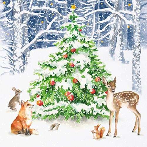 20 Servietten Tiere versammeln sich um Winterbaum | Reh | Fuchs | Hase | Tiere | Weihnachten | Winter | Tischdeko | Decoupage | Serviettentechnik 33x33cm von PPD
