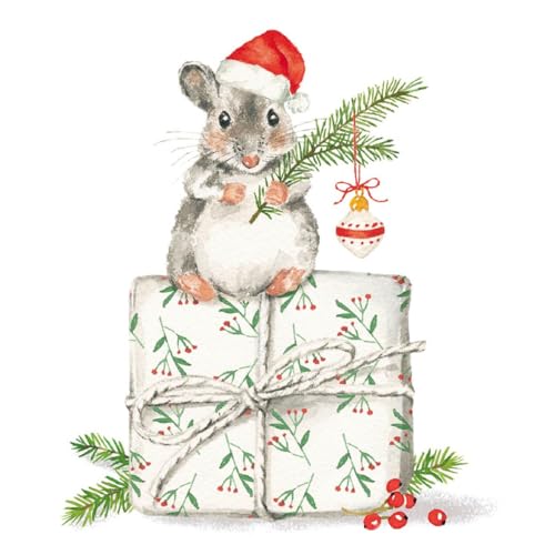 20 Servietten Weihnachtsmaus auf Geschenk | Tiere | Weihnachten | Winter | Tischdeko | Decoupage | Serviettentechnik 33x33cm von PPD