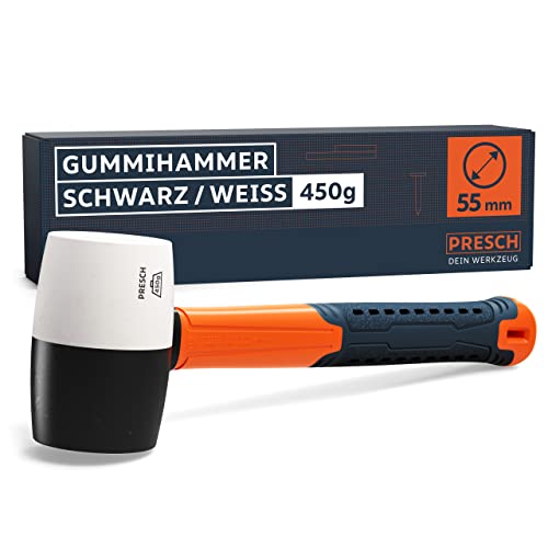 Presch Gummihammer Schwarz/Weiß 450g - Hartgummihammer mit Fiberglasstiel | ⌀=55mm - Allround-Gummihammer mit zwei Seiten für Indoor und Outdoor - Langlebiger Schonhammer von PRESCH