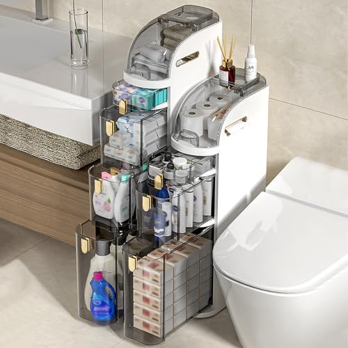 PRESSLAY Badezimmer-Toilettenpapier-Aufbewahrungsschrank aus Kunststoff, Toilettenpapierhalter mit Aufbewahrung für kleine Räume, schmaler Badezimmer-Aufbewahrungsschrank mit 2/3/4 Ebenen von PRESSLAY