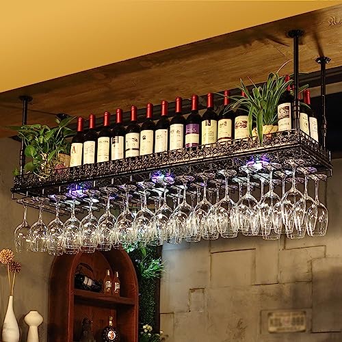 PRESSLAY Decken-Weinglasregal mit Licht – hängendes Weinregal mit Glashalter, Metall-Deckenregal, Becher- und Stielglasregale, Tassenregale, für Bar, Café, Küche, Restaurant von PRESSLAY