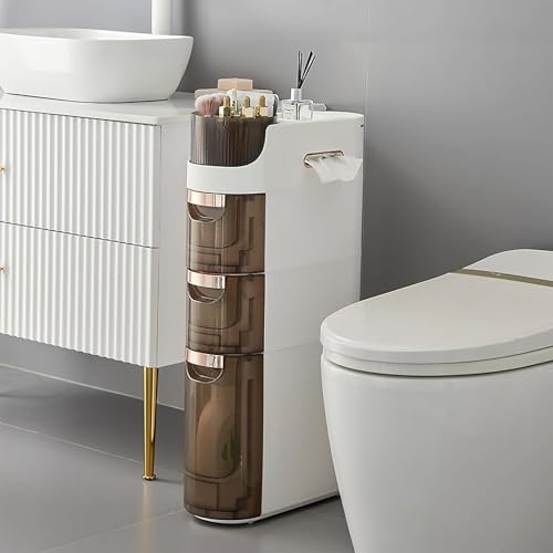 PRESSLAY Schmaler Badezimmer-Aufbewahrungsschrank mit Toilettenpapierhalter, 7 Zoll schmale Kommode, vertikale Aufbewahrungseinheit für kleine Küchen, Waschküchen, Wohnzimmer, Toilettenlücken, 3 Eben von PRESSLAY