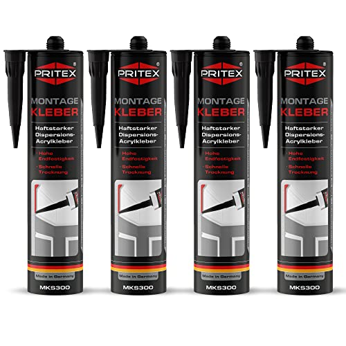 PRITEX – Profi Montagekleber Weiß 4x 300 ml – Baukleber für Holz-Paneele, Kabelkanäle, Sockelleisten, Styropor, Fliesen, Beton uvm. – haftstarker Universalkleber auf Acrylatdispersion-Basis für innen von PRITEX