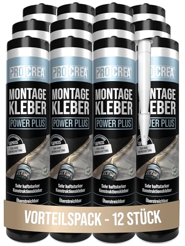 PROCREA® 12x Montagekleber "Power Plus" extra stark [Kleben statt Bohren] Haftstarker Sofortkleber für innen & außen - Profikleber für Sockel, Styropor, Paneele, Holz - Made In Germany - 450 Gramm von PROCREA