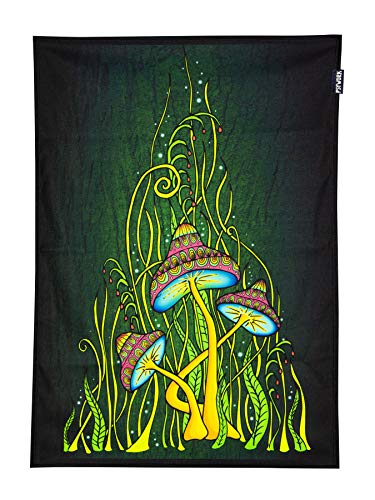 PSYWORK Schwarzlicht Stoffposter Neon | Magic Mushroom Green | 0,5 x 0,7m | UV-aktiv | fluoreszierend | Wandbehang Stoffbanner Poster Wandbild Kunstdruck Dekobild Dekoration Wandteppich von PSYWORK