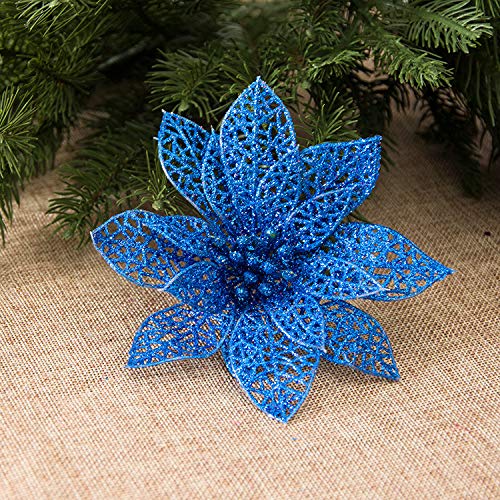 10 Stück Weihnachten Funkeln Weihnachtsstern Blumen 13cm Glitzer Künstlich Poinsettia Blumen Weihnachtsstern Hochzeit Weihnachten Blumen Dekoration Weihnachtsbaum Ornamente Christbaumanhänger -Blau von PTNKUIIY