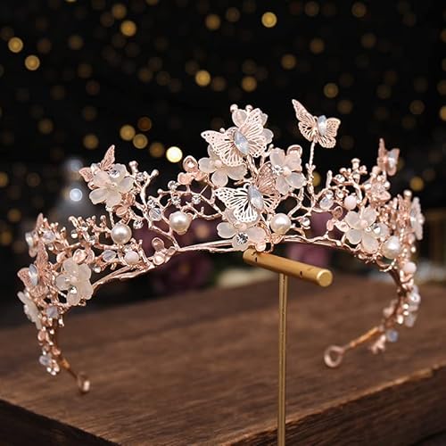 Frauen Kristall Krone Mädchen Strass Tiara, Schmetterling Faux Perlen Strass Kopfband Krone Haarband Prinzessin Königin Haarschmuck für Geburtstag Prom Brautparty Weihnachten Kostüm,Rose Gold von PTNKUIIY