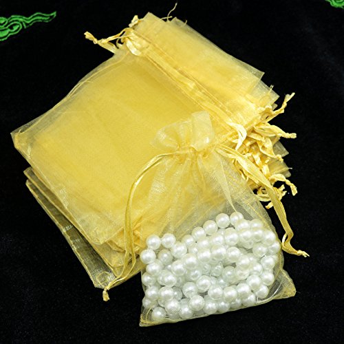 PTNKUIIY 100 Stück Organzabeutel Organzasäckchen,15x20cm Geschenkbeutel Organza Schmuckbeutel Hochzeit-Säckchen Klein Organza Beutel Netzbeutel mit Kordelzug für Hochzeit,Geburtstag,Weihnachten, Gold von PTNKUIIY