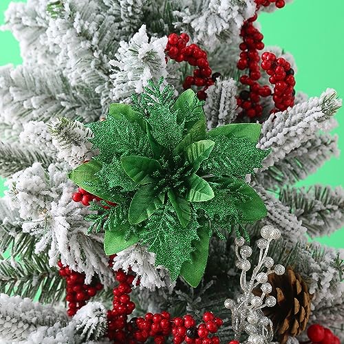 PTNKUIIY 20 Stück Weihnachten Glitzer Künstlich Poinsettia Blumen Weihnachtsstern Weihnachtsbaum Ornamente Weihnachten Künstliche Blumen Dekor Hochzeit Blume Deko Weihnachtsbaumschmuck -Grün #2 von PTNKUIIY