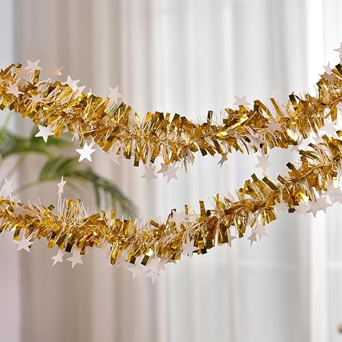 PTNKUIIY 3M Weihnachten Lametta Girlande,4 STK Weihnachtsgirlande Glitzer Metallic Weihnachtsbaum Lametta Girlande Hängende Dekoration für Weihnachtsbaum Kranz Hochzeit Party Dekoration-Gold von PTNKUIIY