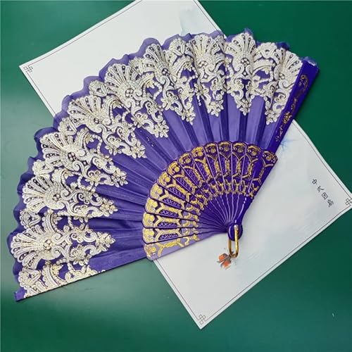 PTNKUIIY Handfächer Stofffächer,Vintage Stil Retro Chinesischer Handfächer Orientalischer Tuch Stoff Fan Sommer Faltbare Fächer Wand-Dekofächer für Party,Fasching,Halloween Karneval Zubehör,Lila von PTNKUIIY