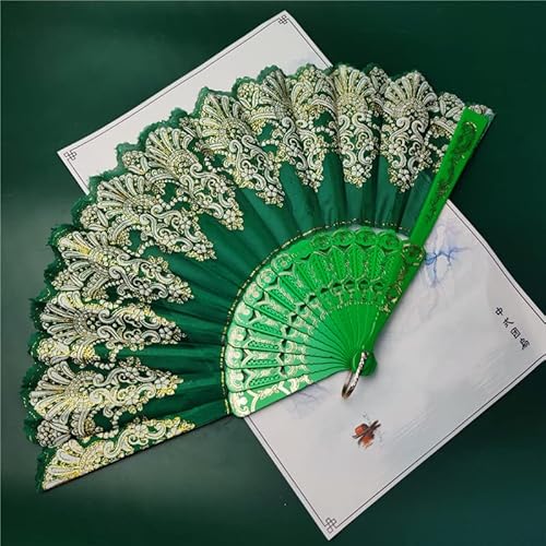 PTNKUIIY Handfächer Stofffächer,Vintage Stil Retro Chinesischer Handfächer Orientalischer Tuch Stoff Fan Sommer Faltbare Fächer Wand-Dekofächer für Party,Fasching,Halloween Karneval Zubehör,Grün von PTNKUIIY