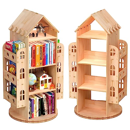 PTUWODS Drehbares Bücherregal, Standregal 360 Grad, Lagerregal für Kinder und Erwachsene, multifunktionales Bücherregal Massivholz (4 böden) von PTUWODS