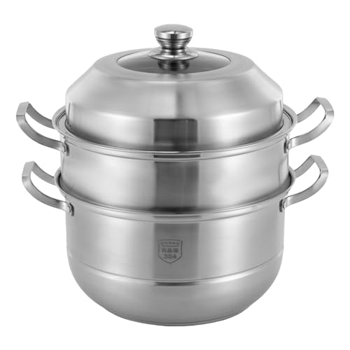 PUDLOR Steamer with steamer liner Stainless steel potato steamer with glass lid Induction safe, stackable 30cm Silver von PUDLOR