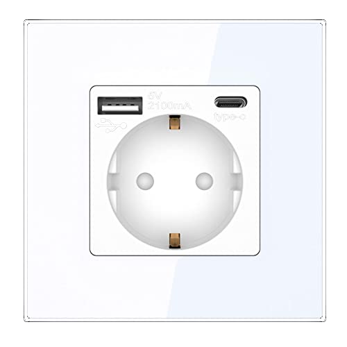 PULSAR Steckdose USB C USB A Schuko-Steckdose Glas mit USB Anschluss 1 Fach Unterputz Steckdose Weiß mit Kindersicherung Flache Wandsteckdose Einzelsteckdose 16A für Büro Zuhause von PULSAR